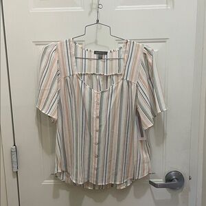 Striped Button-Up Blouse with Short Sleeves